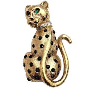 Panetta Black Rhinestone Leopard Spotted Cat Brooch Green Eye Pin Signed J358